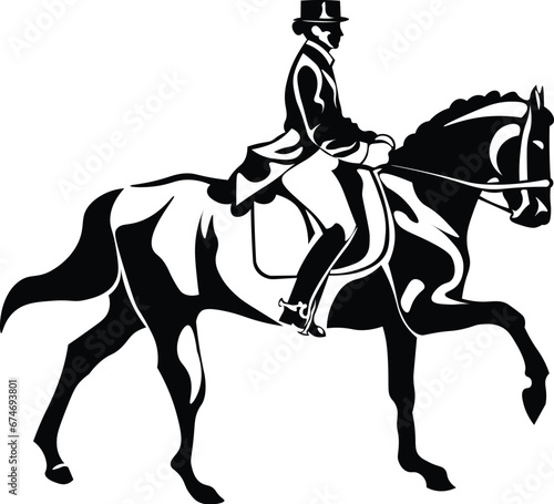 Cartoon Black and White Isolated Illustration Vector Of A Person Riding a Horse Dressage