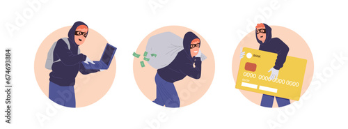 Isolated set of round icon composition with thief hacker stealing user data, money on credit card