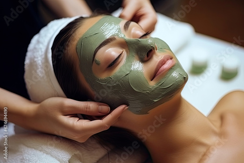 Close-up portrait of beautiful woman getting a gentle facial massage by a beautician. Cosmetologist applying treatment face mask On woman face. Spa treatments, Face peeling mask, facial care. photo