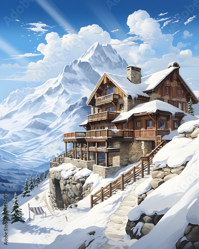 Mountain chalet in the Swiss Alps. Beautiful winter landscape. photo