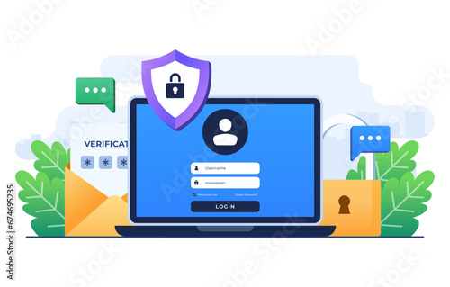 Two-step verification flat illustration vector template, OTP, Authentication password, One-time password for secure website account login, Login page on laptop screen