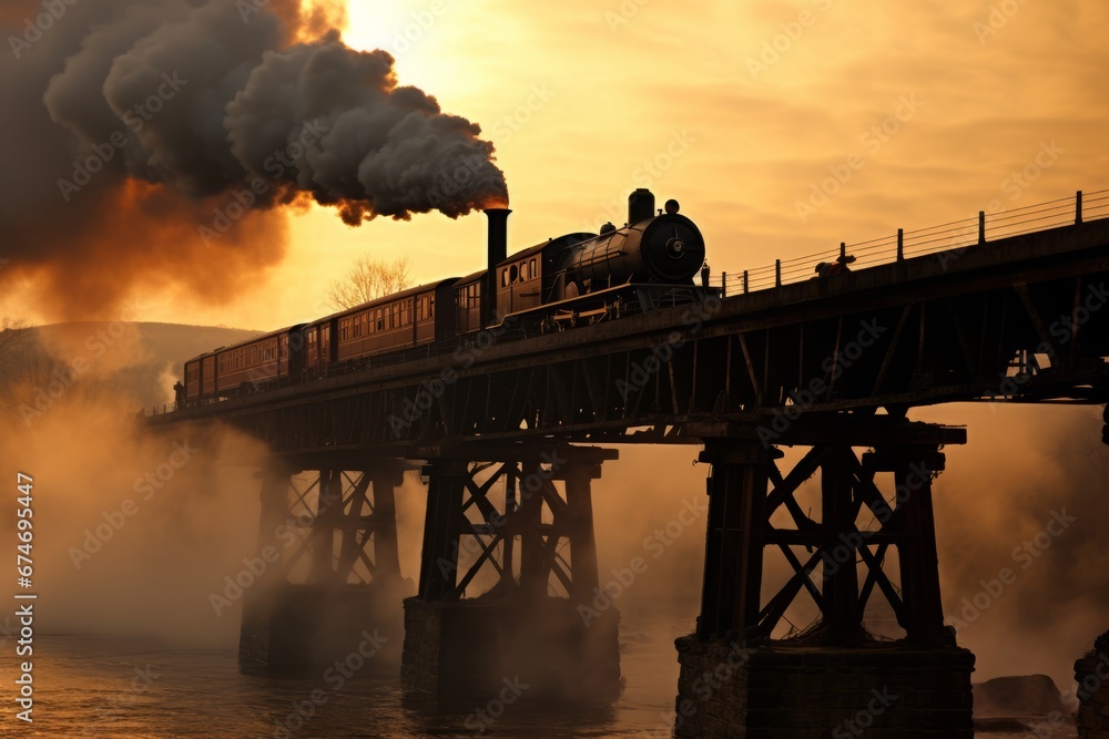 a train on a bridge with smoke coming out of it