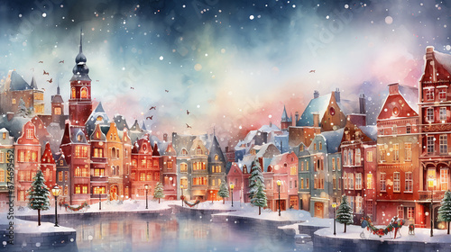 Colouful old town by the lake covered with snow, magical winter night and Christmas feeling, watercolour illustration.