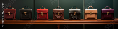 Line of Fashionable leather briefcases, product photo for banner.