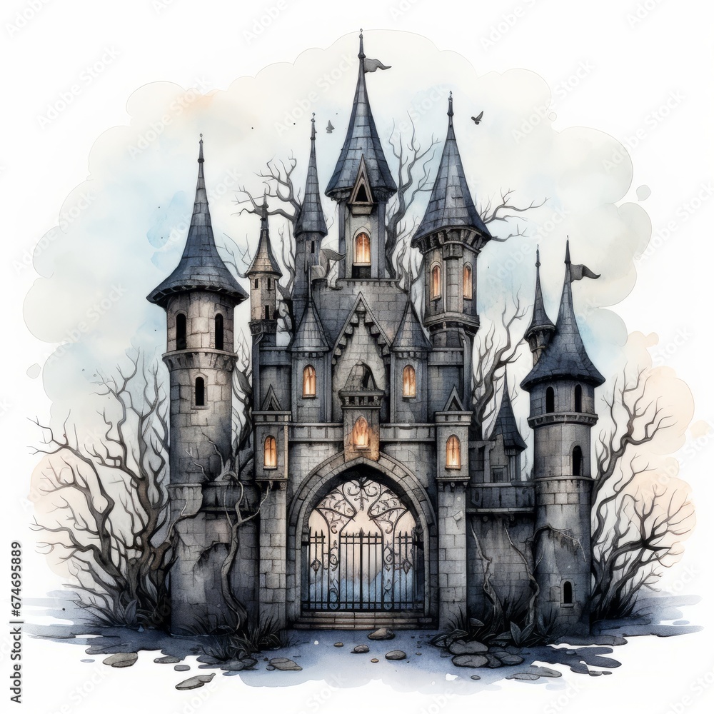 a watercolor of a castle
