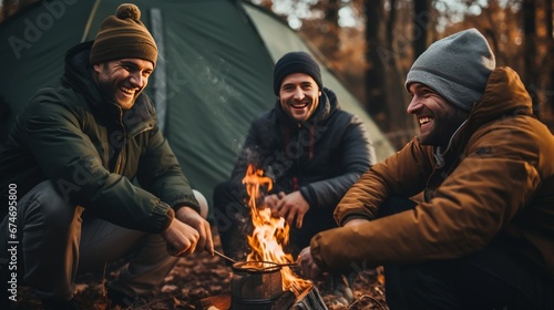 Men with beards congregate around campfire sharing stories to make night memorable. Group of male hikers with hands in pockets comes around fire enjoying conversation by tent in autumn forest