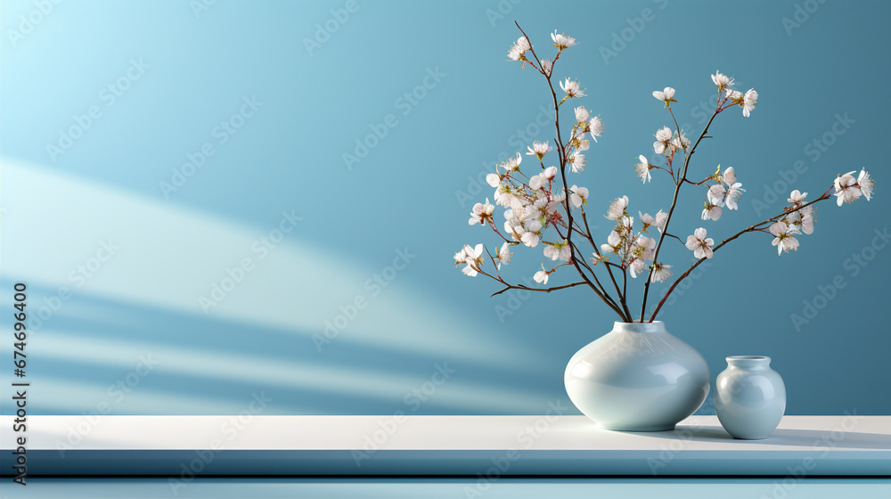 Pot of flowers on a minimalistic blue background. Created with Generative AI Pot of flowers on a minimalistic blue background. Created with Generative AI