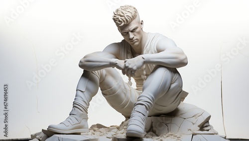 god is sad sitting, white ancient sculpture statue, modern style, isolated, on a white background, inventor, greek style, roman style