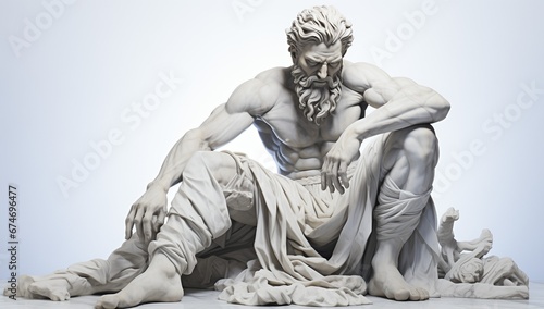 god is sad sitting, white ancient sculpture statue, modern style, isolated, on a white background, inventor, greek style, roman style