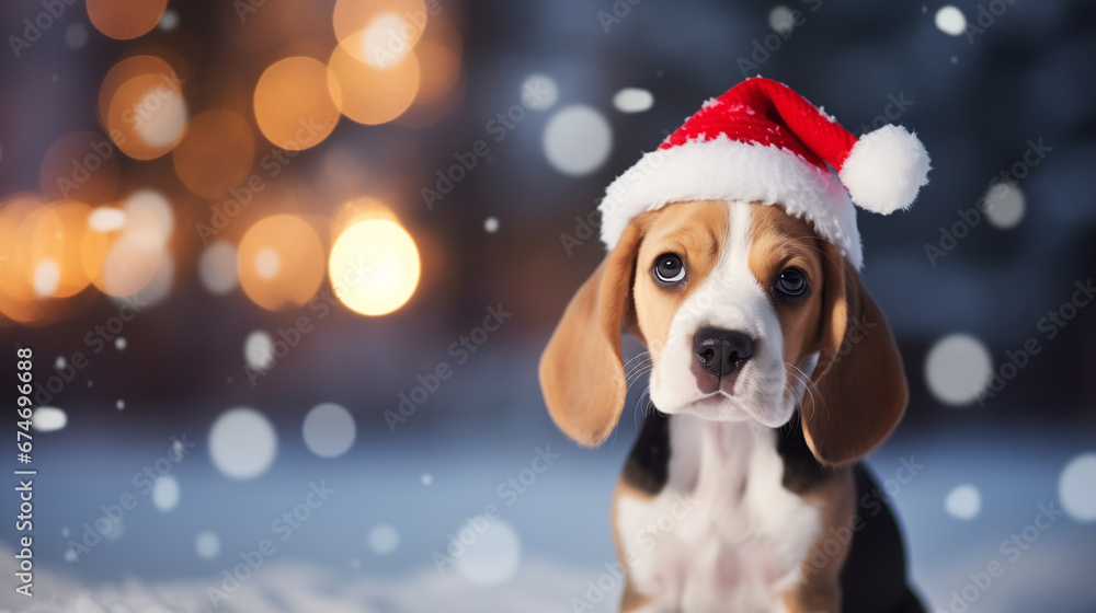 Beagle dog in red hat on blurred background during snowing. Cute dog on bokeh street with copy space for Christmas greeting card. Beagle dog in red hat on blurred background during snowing. Cute dog on bokeh street with copy space for Christmas greeting card.