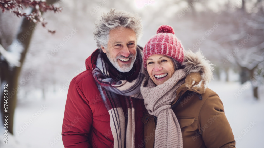 Waist up portrait of happy senior couple enjoying walk in winter forest and holding hands