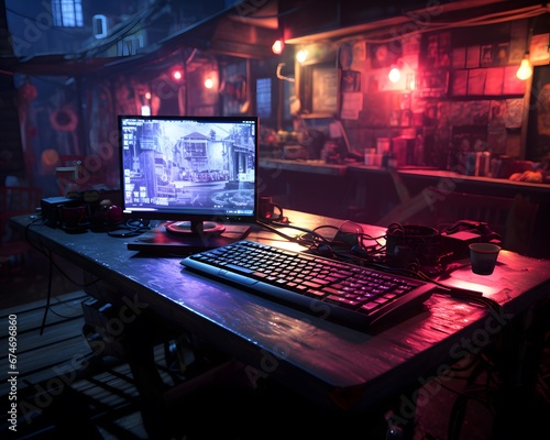 Night shot of a gaming room with a computer in the foreground.