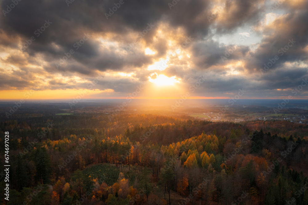 Beautiful landscape of Kashubia in autumn in Wiezyca at sunset, Poland - obrazy, fototapety, plakaty 