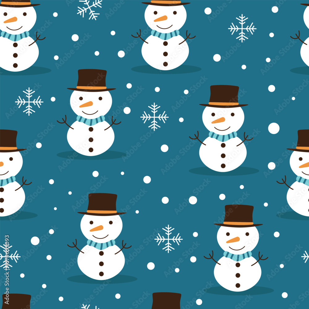 Christmas pattern with cute snowman and snowflakes in cartoon style. New Year vector pattern Christmas pattern with cute snowman and snowflakes in cartoon style. New Year vector pattern