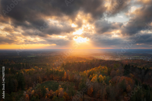 Beautiful landscape of Kashubia in autumn in Wiezyca at sunset, Poland