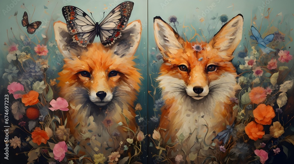 Obraz premium red fox in the flowers
