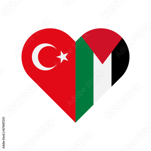 friendship concept. heart shape icon of turkey and palestine flags. vector illustration isolated on white background
