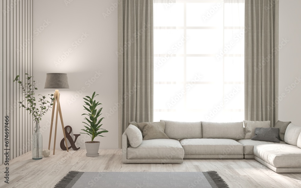 White scandinavian interior design with sofa. 3D illustration White scandinavian interior design with sofa. 3D illustration