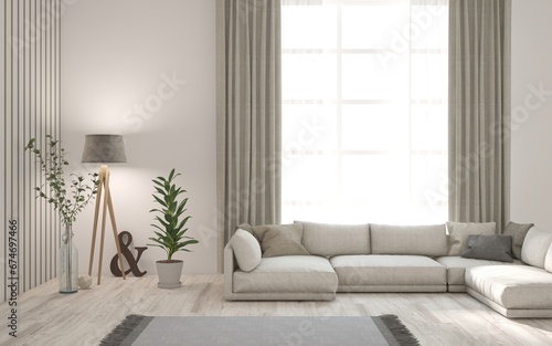 White scandinavian interior design with sofa. 3D illustration