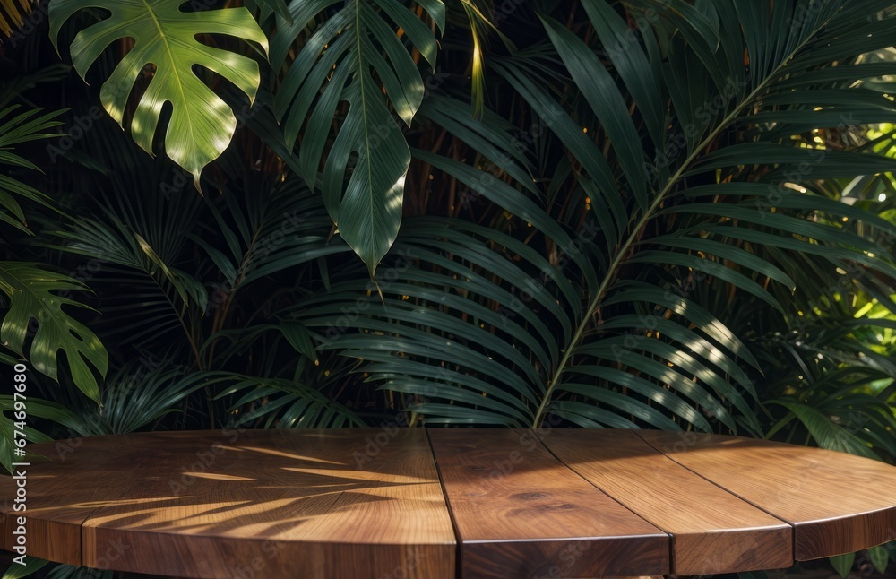 Wooden table presentation with a plant in the background Wooden table presentation with a plant in the background