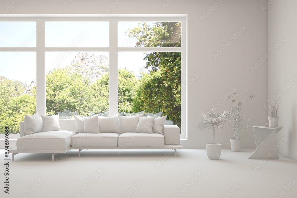 Grey living room concept with sofa and summer landscape in window. Scandinavian interior design. 3D illustration Grey living room concept with sofa and summer landscape in window. Scandinavian interior design. 3D illustration