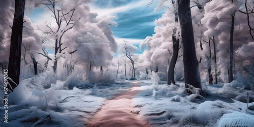 Winter forest with snowy trees and blue sky - panoramic banner