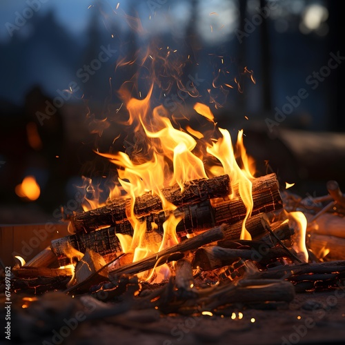Burning firewood in the forest in the evening, close-up