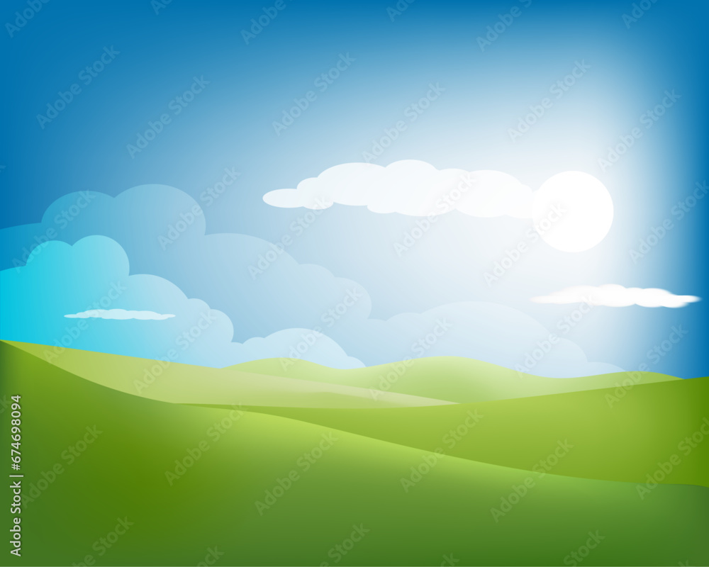 Green grass landscape background template texture vector with sun and white clouds blue sky background
