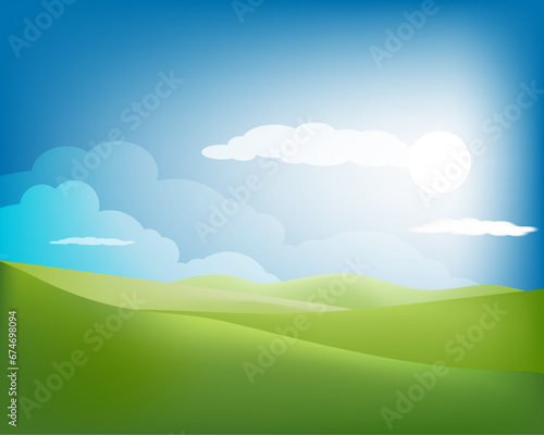 Green grass landscape background template texture vector with sun and white clouds blue sky background