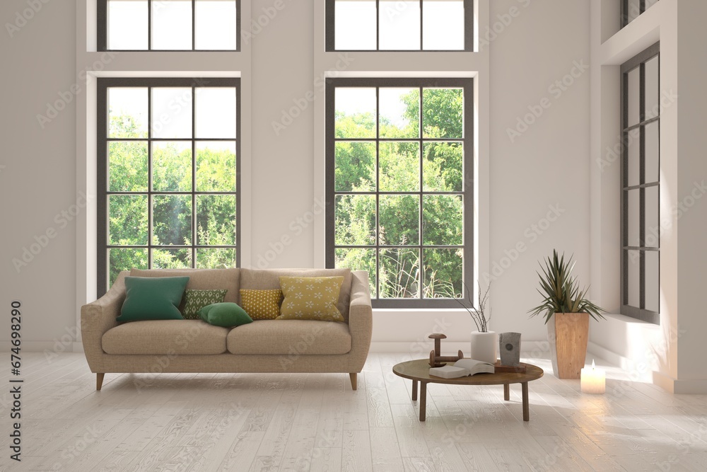 Bright interior design with modern furniture and summer landscape in window. 3D illustration Bright interior design with modern furniture and summer landscape in window. 3D illustration