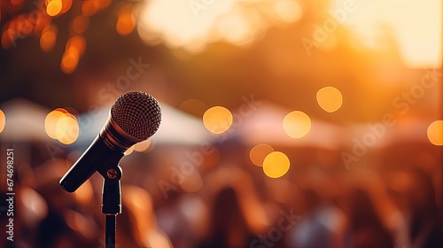 classic microphone in crowd hall