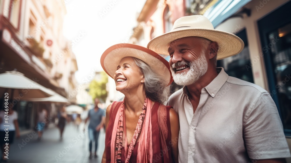 Old Caucasian man with wife wearing sunglasses walk smiling on vacation. Senior husband hugging mature wife in bright hat while walking in touristic city center having rest on summer vacation.