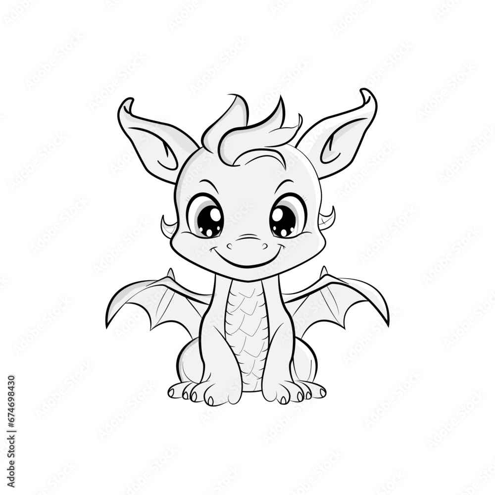 Fototapeta premium Adorable baby dragon, coloring page for kids, very simple, cartoon style, white background, thick lines