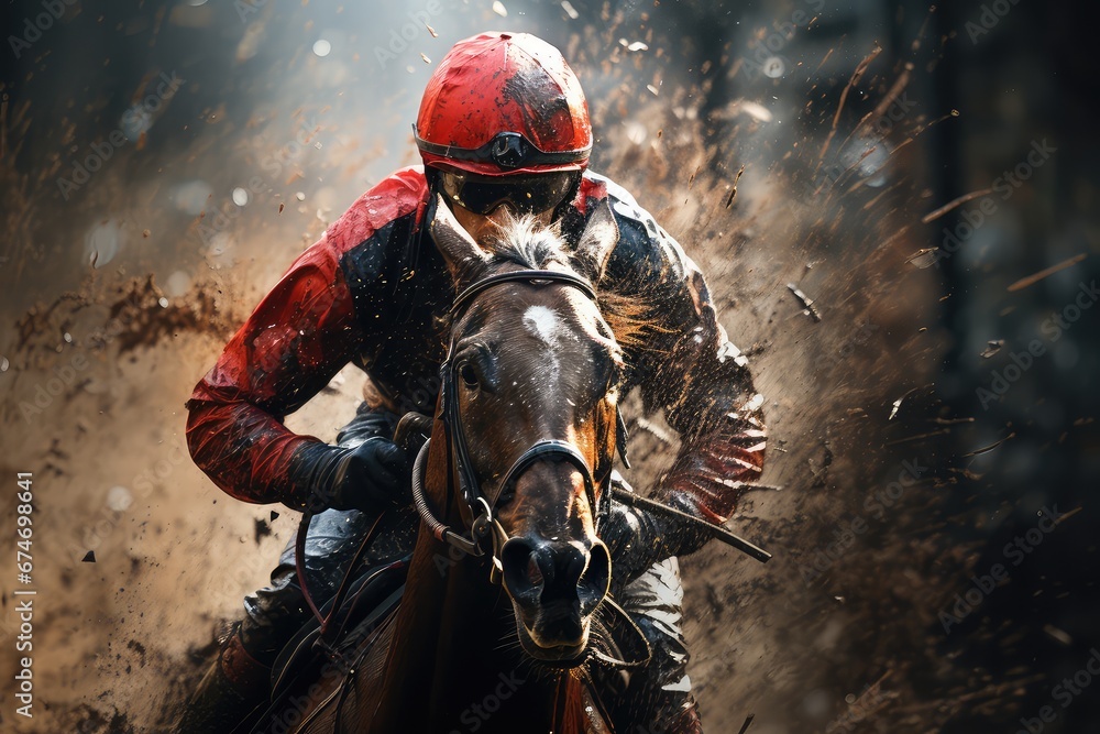 Fototapeta premium Jeździec konny. Jockey na koniu jadącym po torze wyścigowym.