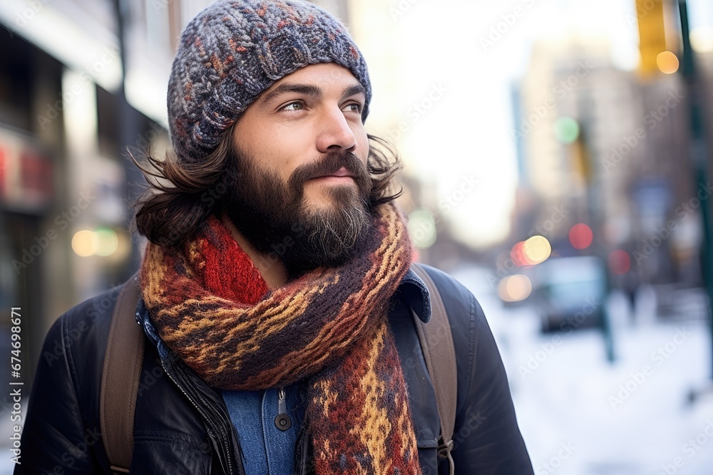 Man in scarf and beanie enjoys winter stroll in snowy city Man in scarf and beanie enjoys winter stroll in snowy city