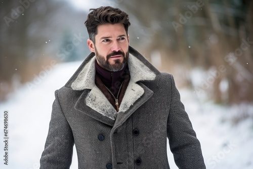 Man in pea coat walks through snowy park