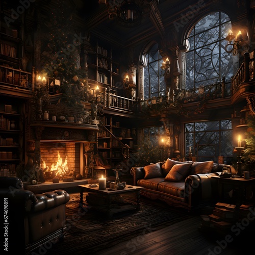 Interior of a cozy house with a fireplace and a bookcase