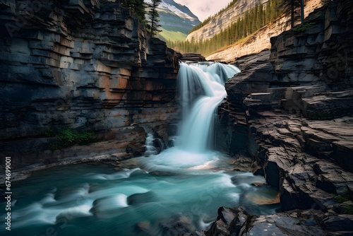 Waterfall in Glacier National Park  Montana  USA. Long exposure.