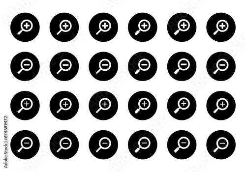 Zoom button icon vector set collection. Magnifying glass sign symbol in black circle