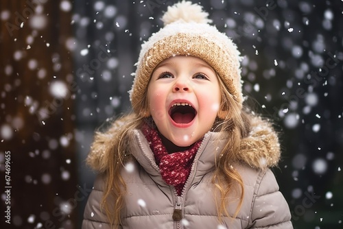 Young girl catching Christmas snowflakes with her tongue