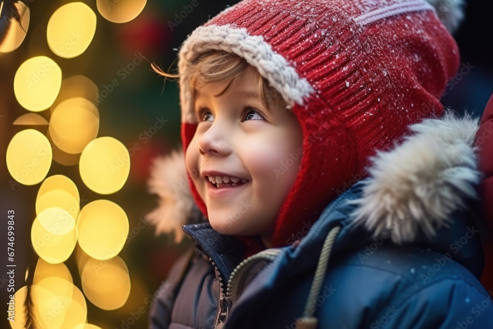 Boy gazes at outdoor Christmas lights Boy gazes at outdoor Christmas lights