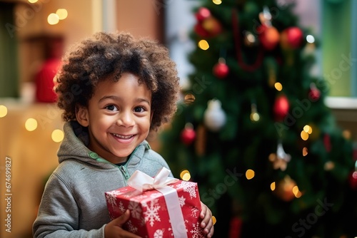 Child receives gift at Christmas photo