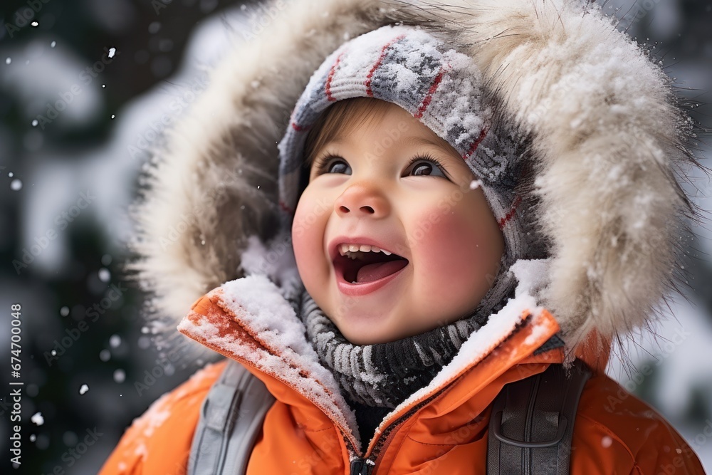 Child catching snowflakes with tongue in snowsuit at Christmas Child catching snowflakes with tongue in snowsuit at Christmas