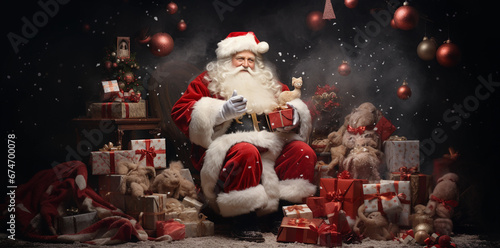 santa claus with christmas presents and christmas presents, in the style of emotive body language, photobash photo