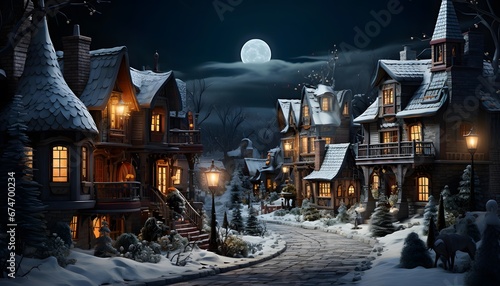 Houses in the village at night in winter with full moon.