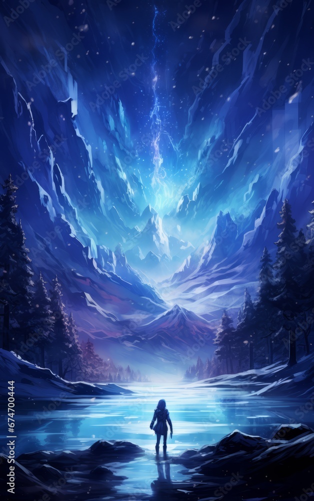 Fantasy winter landscape with frozen lake and forest