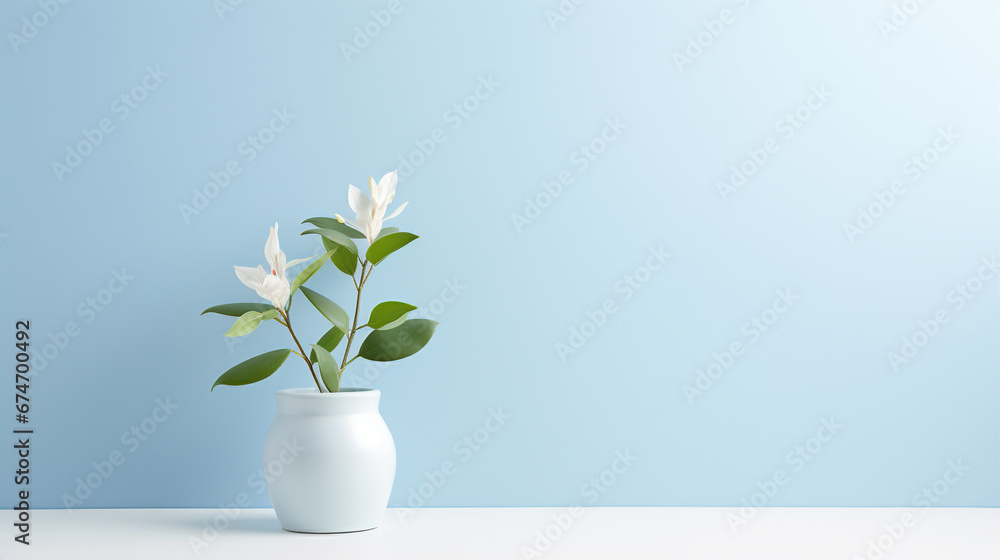 Pot of flowers on a minimalistic blue background. Created with Generative AI Pot of flowers on a minimalistic blue background. Created with Generative AI
