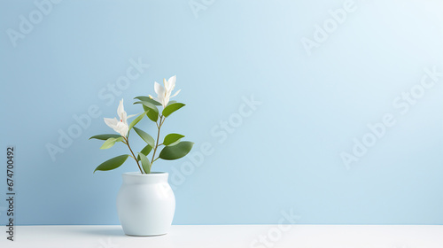 Pot of flowers on a minimalistic blue background. Created with Generative AI photo