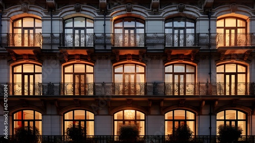 Windows of old apartment building in the evening, panoramic view