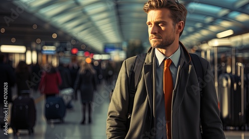 Businessman at airport with luggage for traveling travel concept